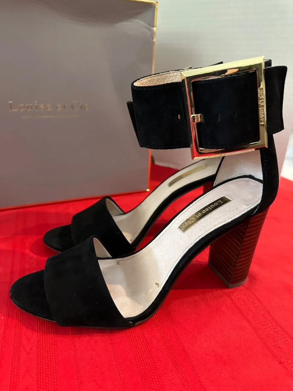 Louise et Cie Black Suede Ankle-Strap Block Heels with Gold Buckle Size 6